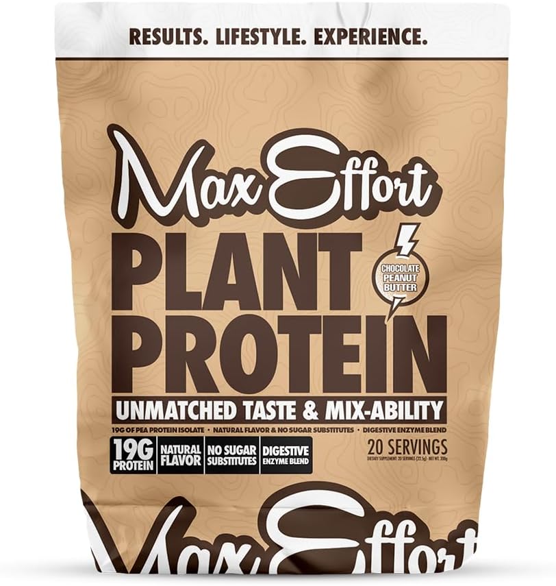 MAX EFFORT Poudre de protéines végétales, 19 G de protéines de pois, base végétale, sans gluten, faible teneur en glucides, mélange de smoothie ou de shake de protéines, substitut de repas, pas de lactosérum, aucun substitut de sucre, beurre d'arachide au chocolat, 20 Srvg