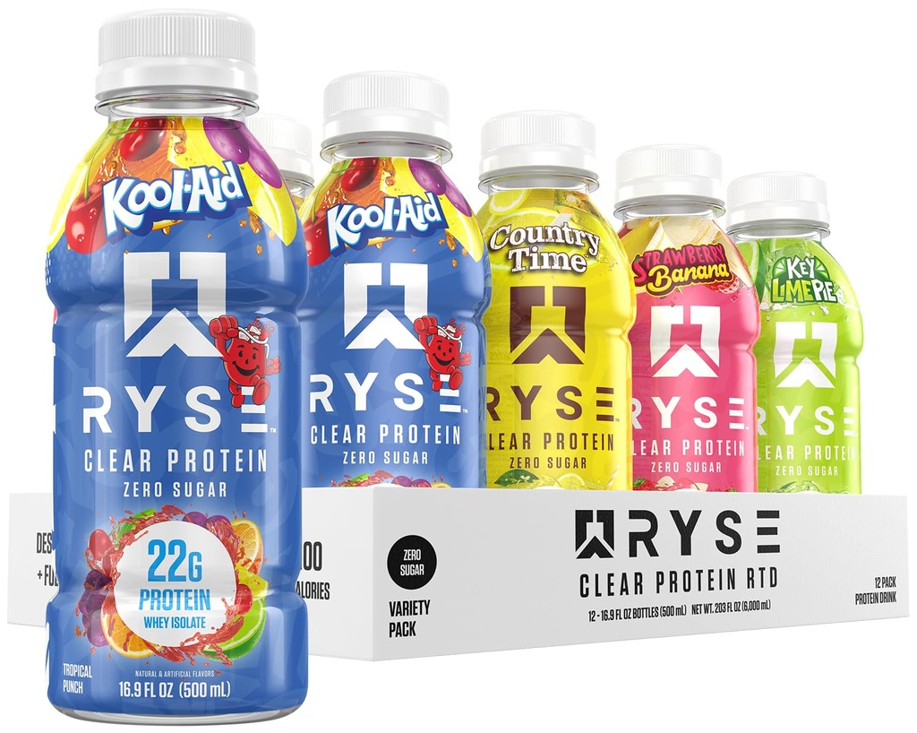 RYSE Boissons protéiniques claires - Boîte de variétés - 100 calories, 22g de lactosérum isolate de lactosérum, sans sucre, 0g de graisse et sans lactose - Boissons prêtes à boire rafraîchissantes - 16,9 fl oz bouteilles (12-pack)