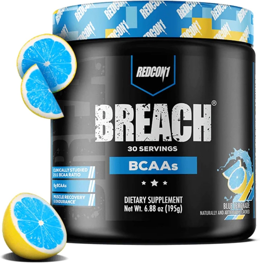 REDCON1 Breach BCAAs, Lémonade bleue - Keto Friendly + Acides aminés essentiels sans sucre pour la récupération - Contient BCAAs L-Leucine, L-Isoleucine et L-Valine (30 portions)