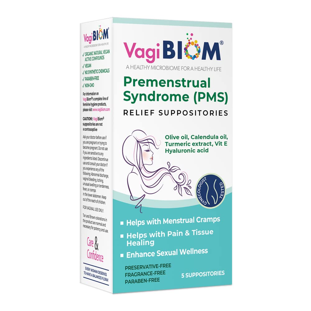 VagiBiam Suppositoires menstruelles (5 suppositoires) avec huile de calendula, beurre de cacao, curcuma et VIT E qui aide avec la crampe d'époque, les ailes d'humeur. Guérison des tissus. USA Made, végétalien, sans hormones