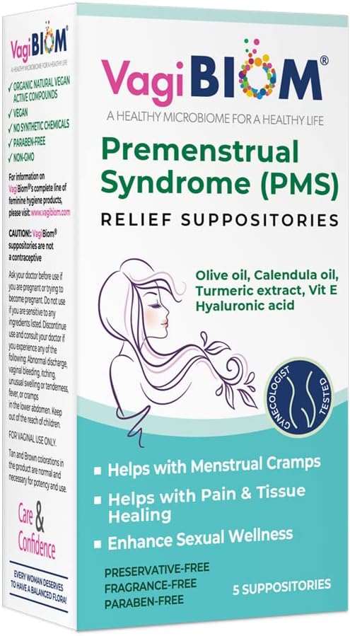 VagiBiom Menstrual Relief Suppositories (5 Suppositories) with Calendula Oil, Cocoa Butter, Turmeric and VIT E That Helps with Period Cramp, Mood Swings. Tissue Healing. USA Made, Vegan, Hormone-Free