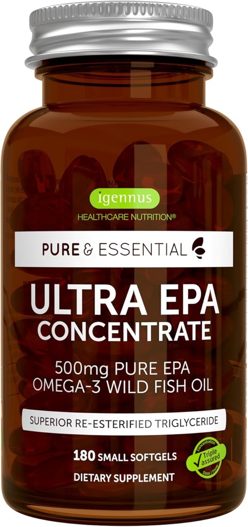 Igennus Ultra Pure Omega-3 EPA 500mg, huile de poisson sauvage certifiée IFOS hautement concentrée, forme avancée de triglycéride rTG, non OGM, 180 petits softgels