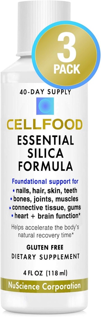 Cellfood Essential Silica Anti-Aging Formule - 4 fl oz, 3 Pack - Soutient Bons, articulations, cheveux, peau, ongles, dents et gencives sains - Facile à absorber - Sans gluten et thiaminase, sans OGM - 120 jours d'approvisionnement