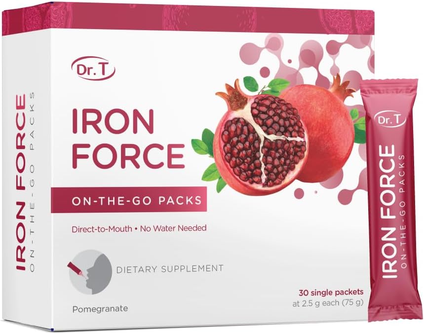 Dr. T Packs de force de fer sur le pouce – Poudre directe à mouth – stimule la production de globules rouges, améliore les niveaux d'énergie, favorise le transport optimal d'oxygène – 30 packs pratiques à un seul usage