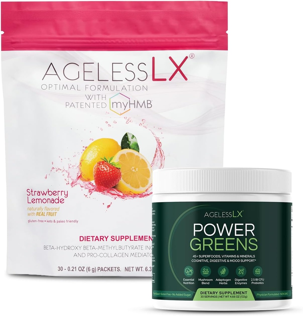 LX sans âge Lemonade de fraise et supplément de poudre de Power Greens - Suppléments anti-âge et suppléments de superaliments verts