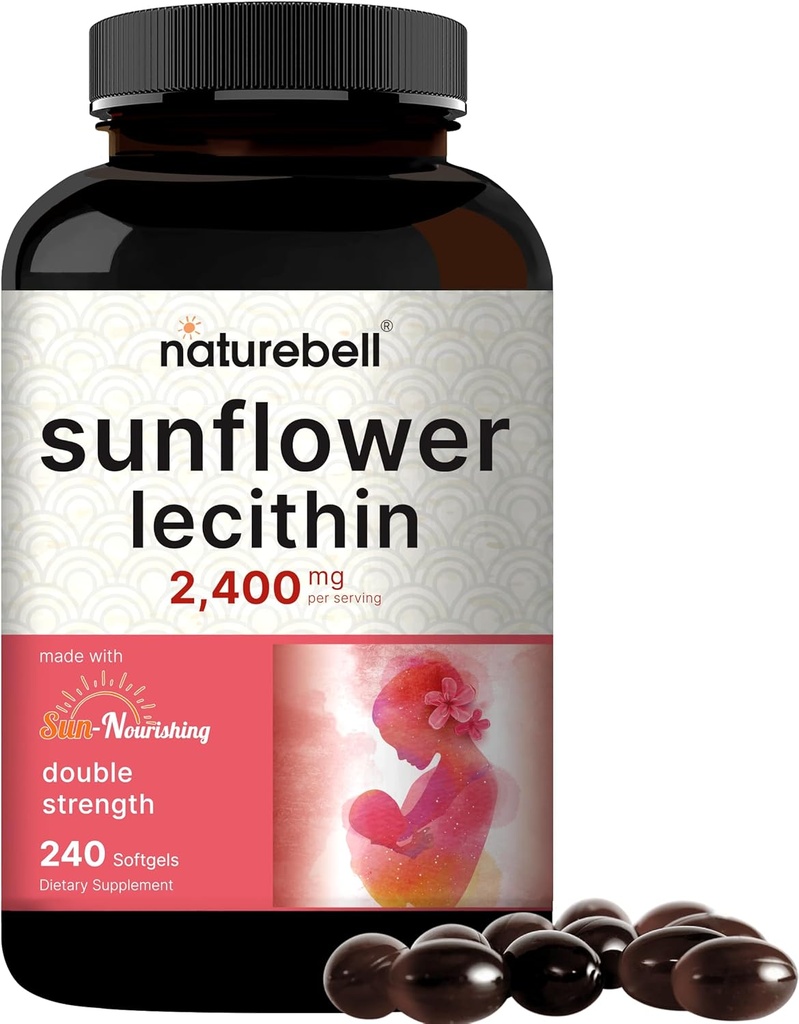 NatureBell Lécithine de tournesol 2,400mg, 240 SoftgelsInfusé avec l'huile de tournesol non-OGM – Riche en Phosphatidyl Choline – Pas de soja, Pas de gluten
