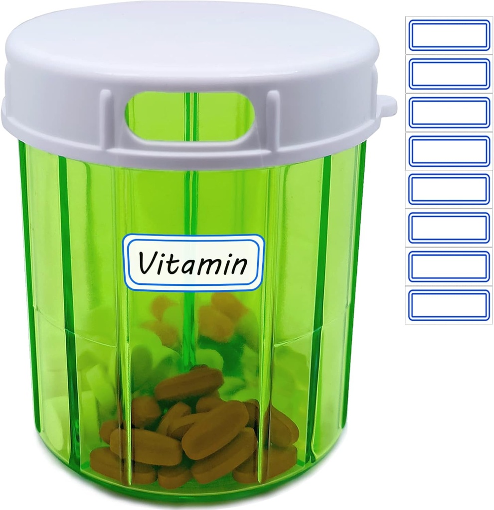 Vitamine Organizer Large Pill Dispenser 4 Compartiment Portable Pill Organizer for Fish Oils, Vitamine, Suppléments, Médicaments (Conteneur de Pill + Étiquettes autocollantes)