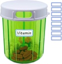 Vitamine Organizer Large Pill Dispenser 4 Compartiment Portable Pill Organizer for Fish Oils, Vitamine, Suppléments, Médicaments (Conteneur de Pill + Étiquettes autocollantes)