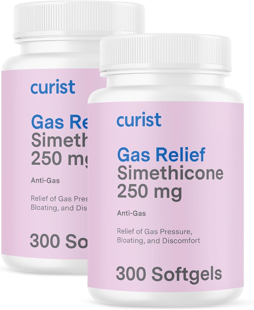 Relief de gaz curiste Siméthicone 2 Pack - 250 mg Softgels (600 Compte) Relief digestif, Relief de ballonnement et anti-flatulence Les pilules à gaz pour adultes aident le Relief de gaz et de ballonnement (600 Softgels)