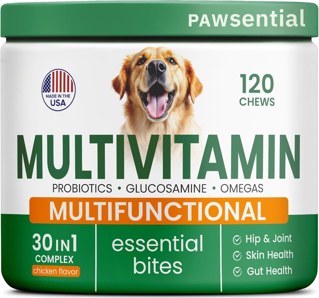 Vitamines de chien + Glucosamine - Multivitamines à croquer + Probiotiques, Omega - Soutien de la hanche et des articulations, de la peau et du manteau, de la santé des adultes et des aînés - Grandes et petites races - 120 Chews