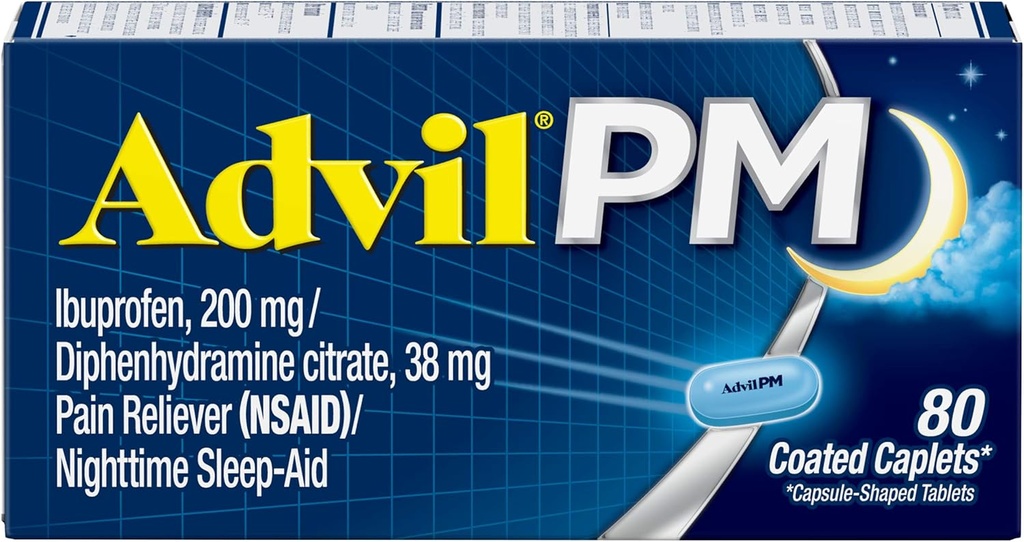 Advil PM analgésique et aide au sommeil de nuit, anti-douleur avec Ibuprofène pour soulager la douleur et diphénhydramine Citrate pour aide au sommeil - 80 Compte (paquet de 2)