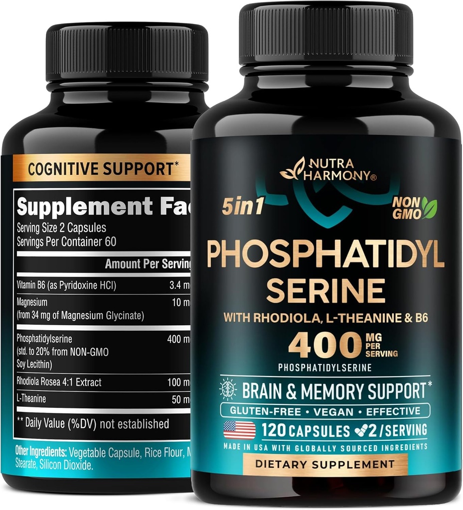 Phosphatidylsérine 400 mg avec L-Theanine, Magnésium et Vitamine B6, Rhodiola Rosea - Soutien Cerveau, Mémoire et Focus - Non-OGM certifié, naturellement dérivé et biodisponible - Fabriqué aux États-Unis - 120 apsules