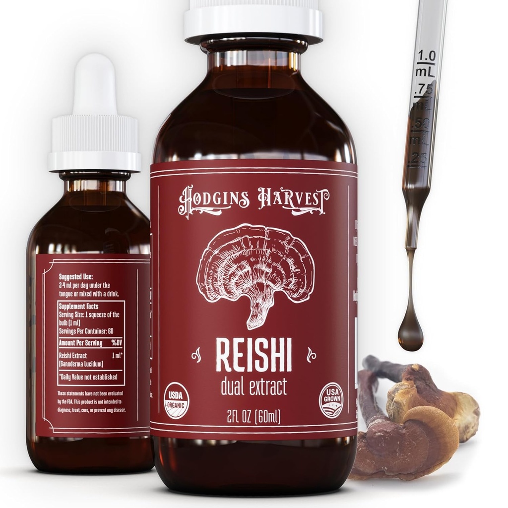 Hodgins Harvest Organic Reishi Mushroom Fruiting Body Extract Tecture - Supplément Extra Concentré Dual Extract - Soutiens Heart Health & Wellness - USDA Mushrooms Organic - 2 oz