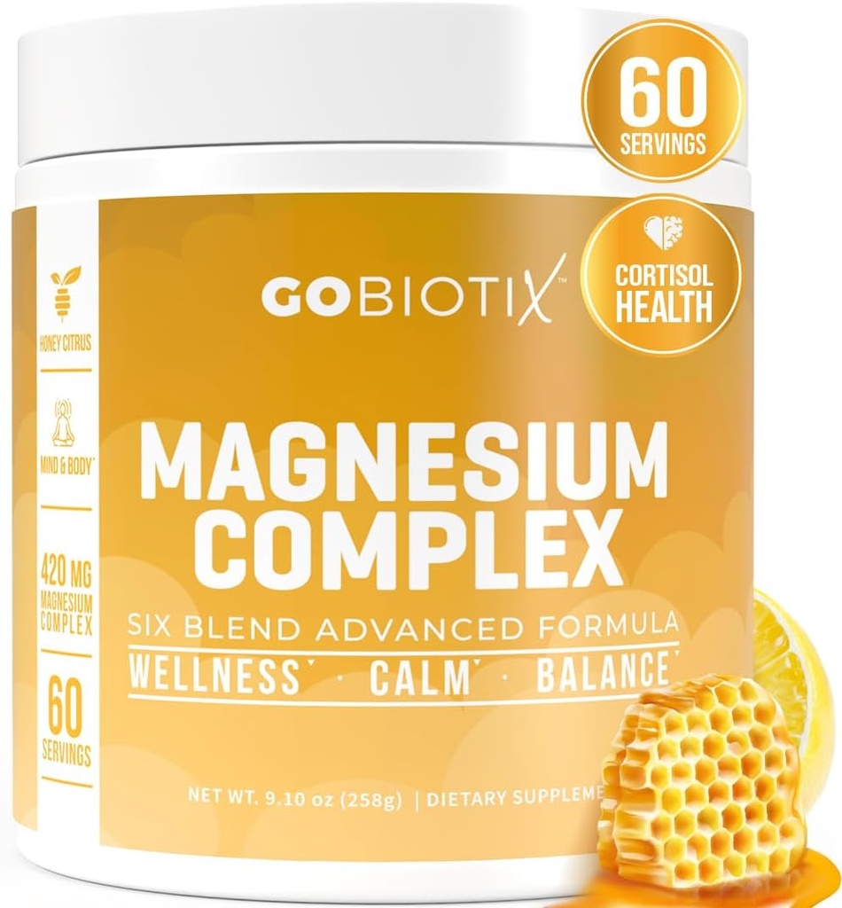 GoBiotix Magnésium Glycinate Poudre – Suppléments de cortisol pour les femmes et les hommes – Supplément de Magnésium à haute absorption avec agrumes, Malate – Sans sucre – 420 mg, 60 portions - Honey Citrus