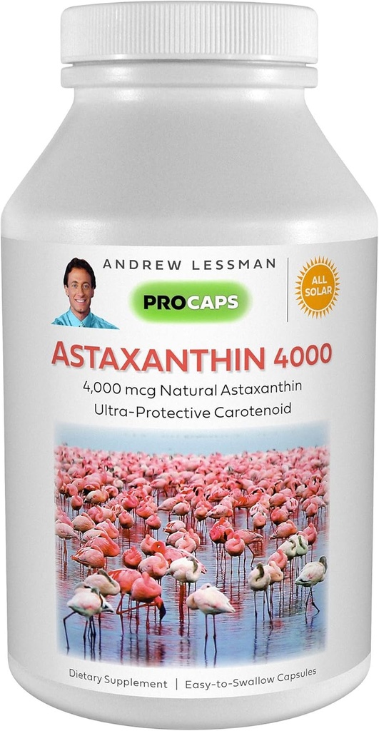 ANDREW LESSMAN Astaxanthine 60 Softgels - 4000 mcg Astaxanthine naturelle, puissant caroténoïde anti-oxydant. Protection des yeux, du cœur, de la peau et plus encore. Pas d'additifs. Facile à avaler Softgels