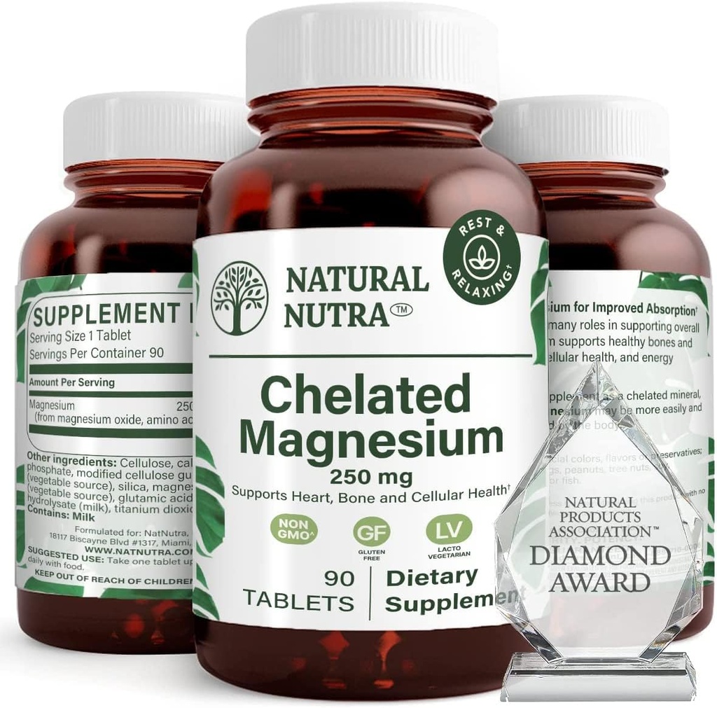 Oxyde de magnésium chélaté naturel Nutra 250 mg - Absorption élevée pour les os forts, la santé cardiaque, la stimulation énergétique, sans gluten, sans OGM, 90 comprimés (3 pack) dans des bouteilles de verre recyclables sans BPA