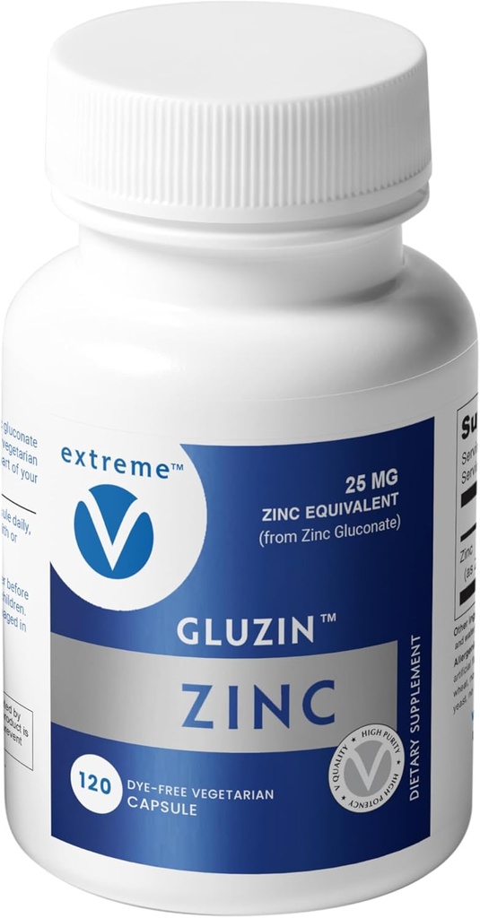 GluzinTM supplément de zinc 25 mg de gluconate de zinc, 120 petites capsules végétariennes, choix doux, faible teneur en sodium pour le soutien quotidien