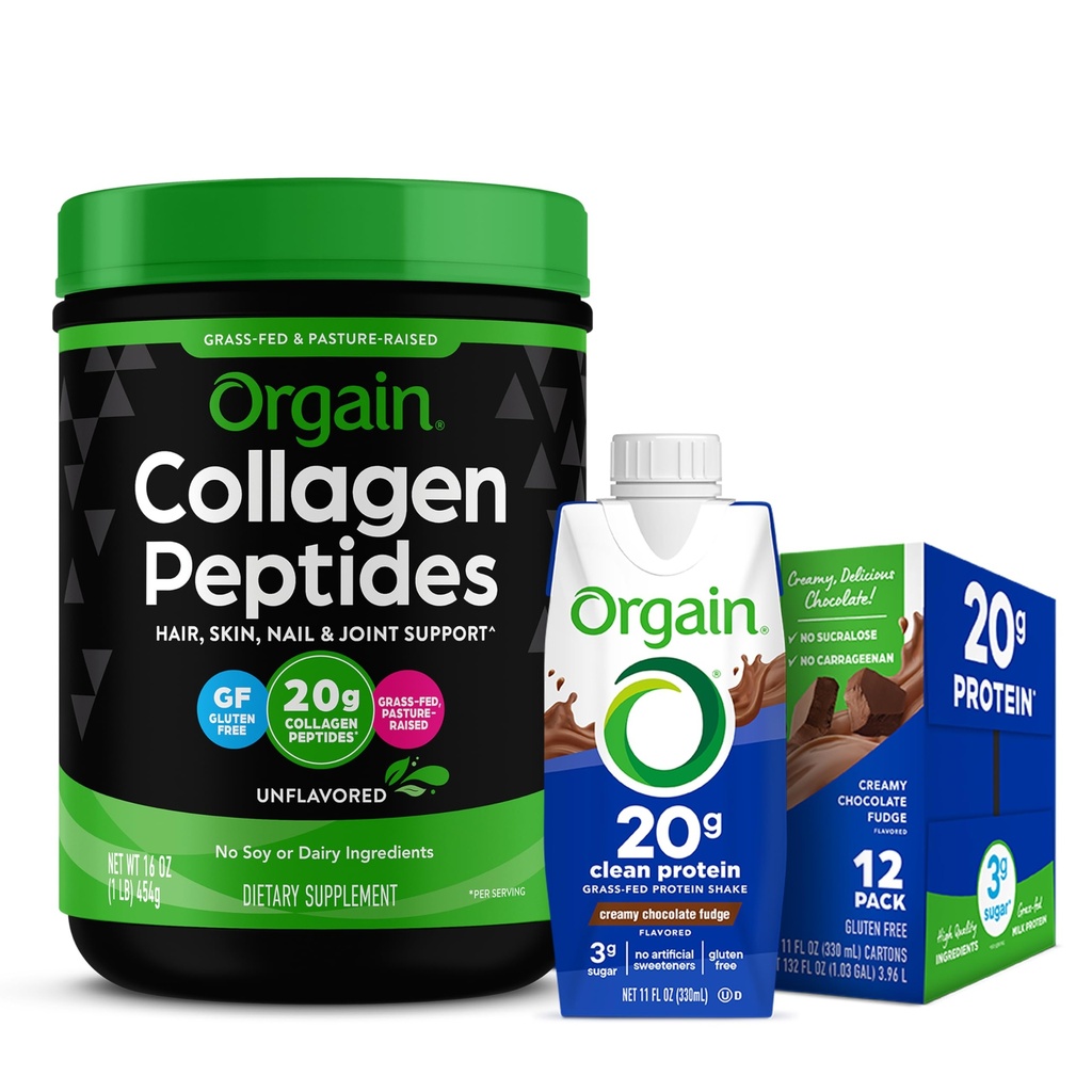 Poudre de protéines de collagène hydrolysée de l'herbe d'Orgain - Paléo & Keto Friendly, supplément acide amino, pâturage élevé et gazon de protéines propres de l'herbe de Fed Shake, chocolat crémeux fudge - repas de remplacement