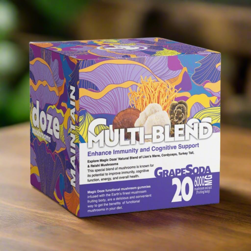 Magic DozeTM Maintenez : Gommies de champignons multi-flend, 6000mg Lion's Mane, Cordyceps, Reishi, et Corps de fruits de queue de dinde, 20 Gommies végétaliens par bouteille