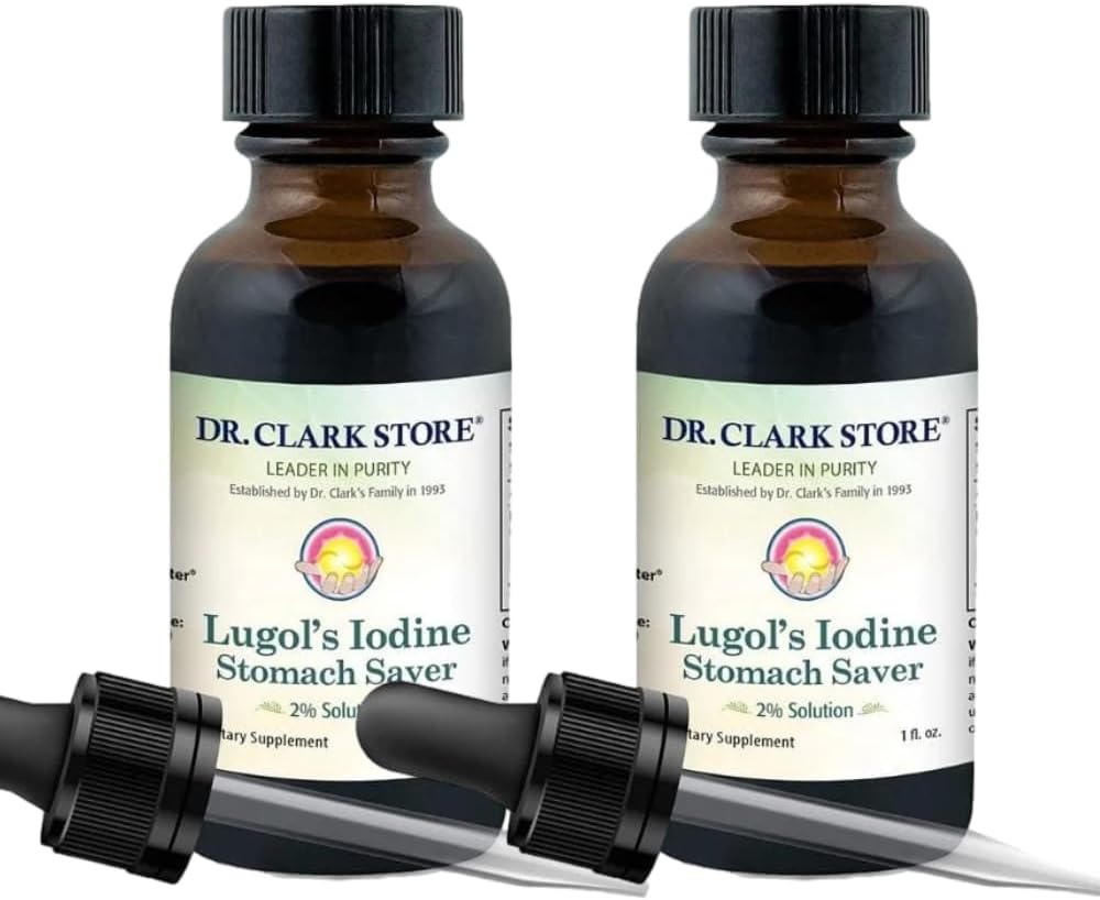 Dr Clark LugolS Solution Iodine 2% - Iodine aqueuse et 2 % granulaire - Soins naturels de l'estomac et de la santé - 1 fl. Oz avec un Dropper 2Pack