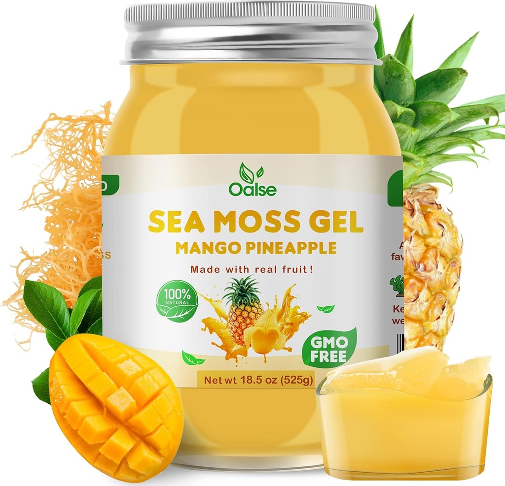 Gel de mousse de mer - 18.5OZ Ananas de mangue Saveur de mousse de mer Gel cru nutritif riche en 102 vitamines et minéraux, protéines et vitamines, végétalien-friendly
