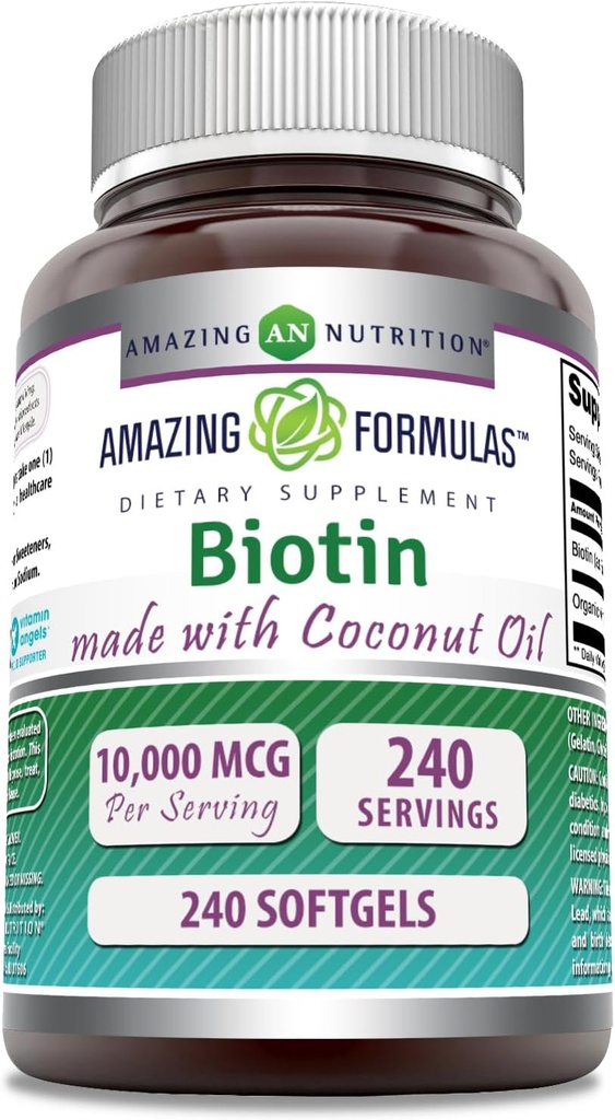 Formules étonnantes Biotine avec supplément huile de coco biologique extra vierge de 10000 Mcg.