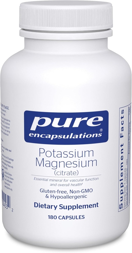 Encapsulations pures Magnésium de potassium (Citrate) - pour la santé cardiaque et la minéralisation des os* - Absorption optimale - Sans gluten et sans OGM - 180 capsules