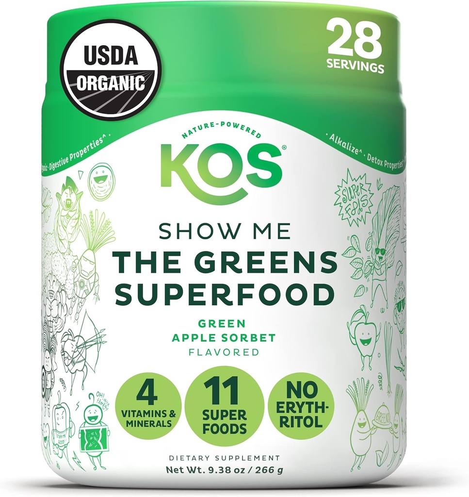 KOS Bio Super Greens Poudre sans érythritol - Mélange de superaliments à base de plantes avec Spiruline, Chlorella et Blégrass - Smoothie de jus biologique et vert certifié USDA - Saveur de pommes - 28 portions