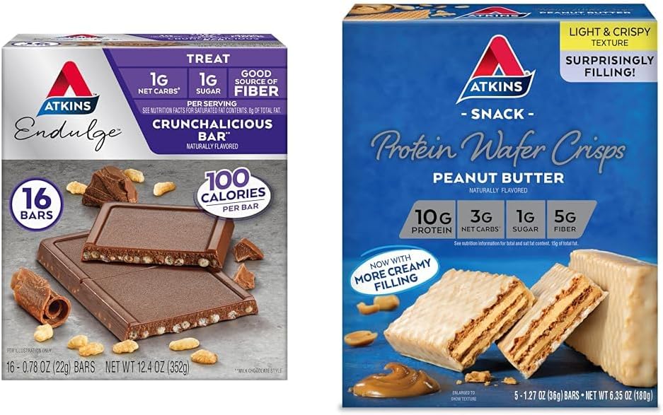 Atkins Endulge Crunchalicious Chocolate Bar, Peanut Butter Protein Wafer Crisp Bundle, 16 Count, 5 Count