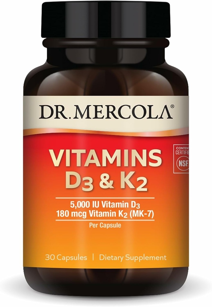 Dr Mercola Vitamines D3 et K2 - Soutient la santé immunitaire, cérébrale, cardiovasculaire, respiratoire et osseuse - Sans OGM, sans gluten et sans soja - 30 capsules (30 portions)