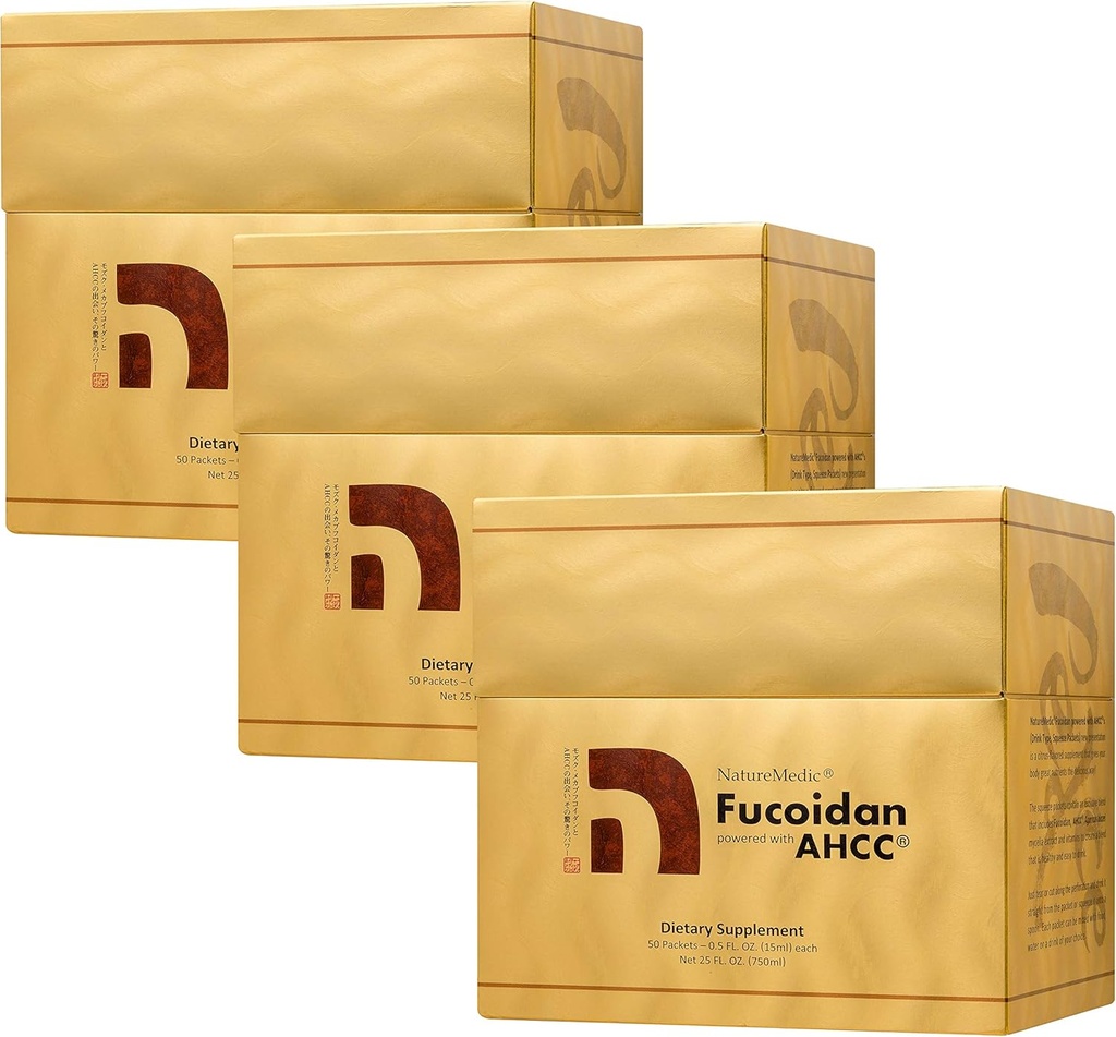 Fucoidan Powered with AHCC® Brown Seaweed Immunity Supplement with High Purity Organic Mekabu Mozuku Agaricus 50 Concentrated Liquid Extract Packets/Box Made in Japan (3 Boxes)