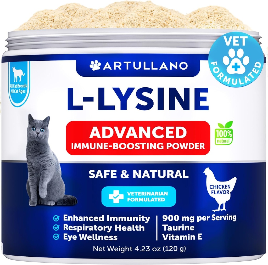 L-Lysine pour les chats - Supplément en poudre de lysine - 900mg/serviture - Immune Support pour les chats et les chatons - Éternuement, nez runny, quinque, yeux aqueux, froid, fonction oculaire, santé respiratoire - avec Taurine