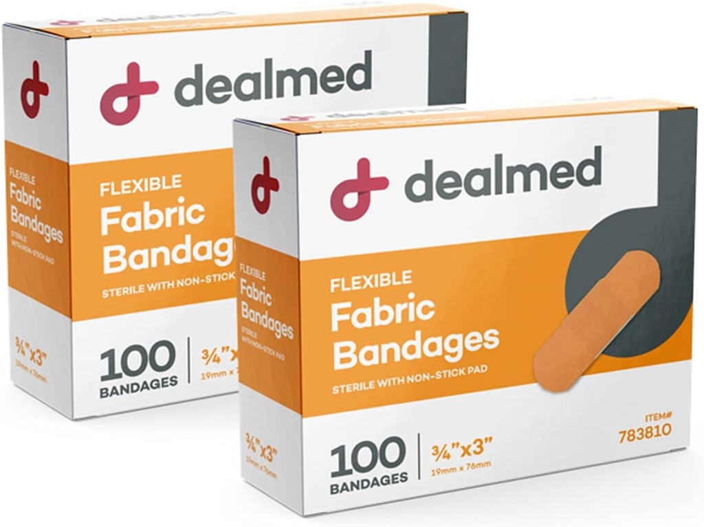 Bandes adhésives souples en tissu offert – 100 bandages de comptage (2 paquets) avec pad non incrusté, sans latex, soin de la plaie pour trousse de premiers soins, 3" x 3/4"