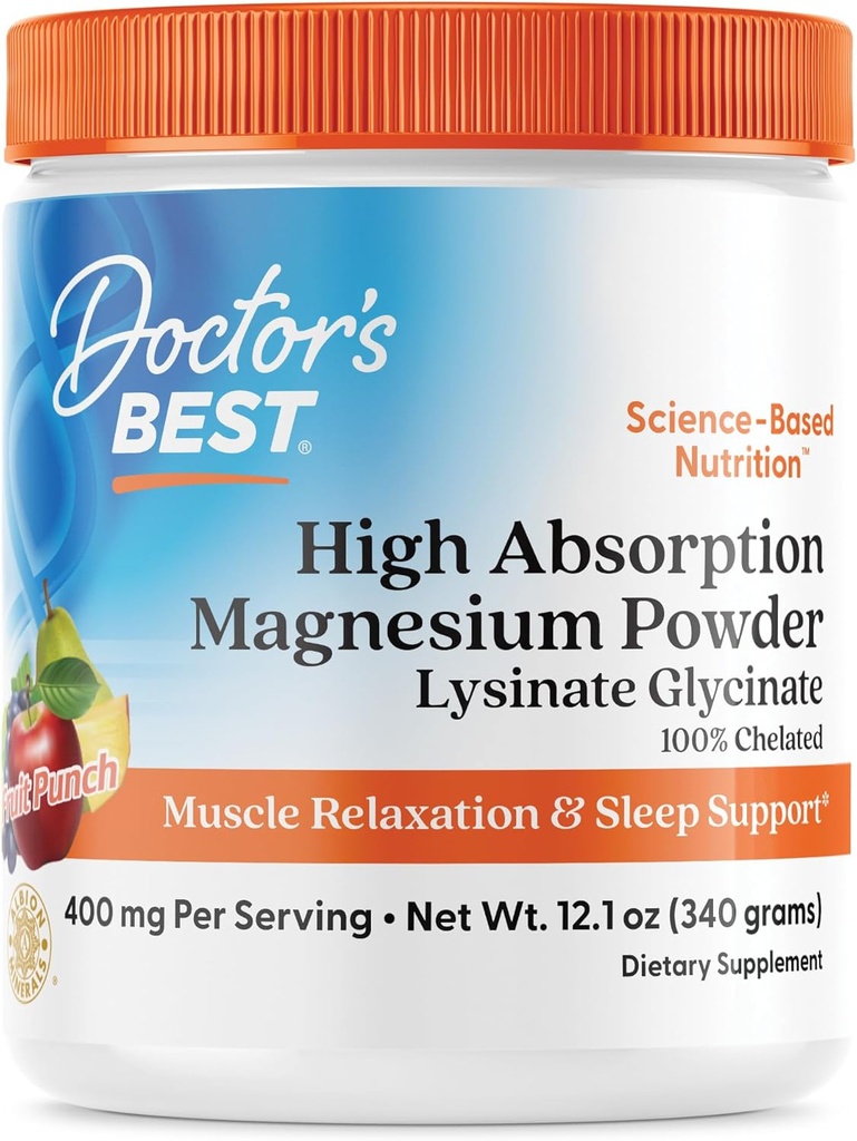 Docteurs Meilleur haute absorption Magnésium poudre Lysinate Glycinat 100% Chélaté, Relaxation musculaire et soutien du sommeil, sans gluten, végétalien, 100% Chélaté Net Wt. 12.1 oz (340 grammes), Fruit Punch Flavor