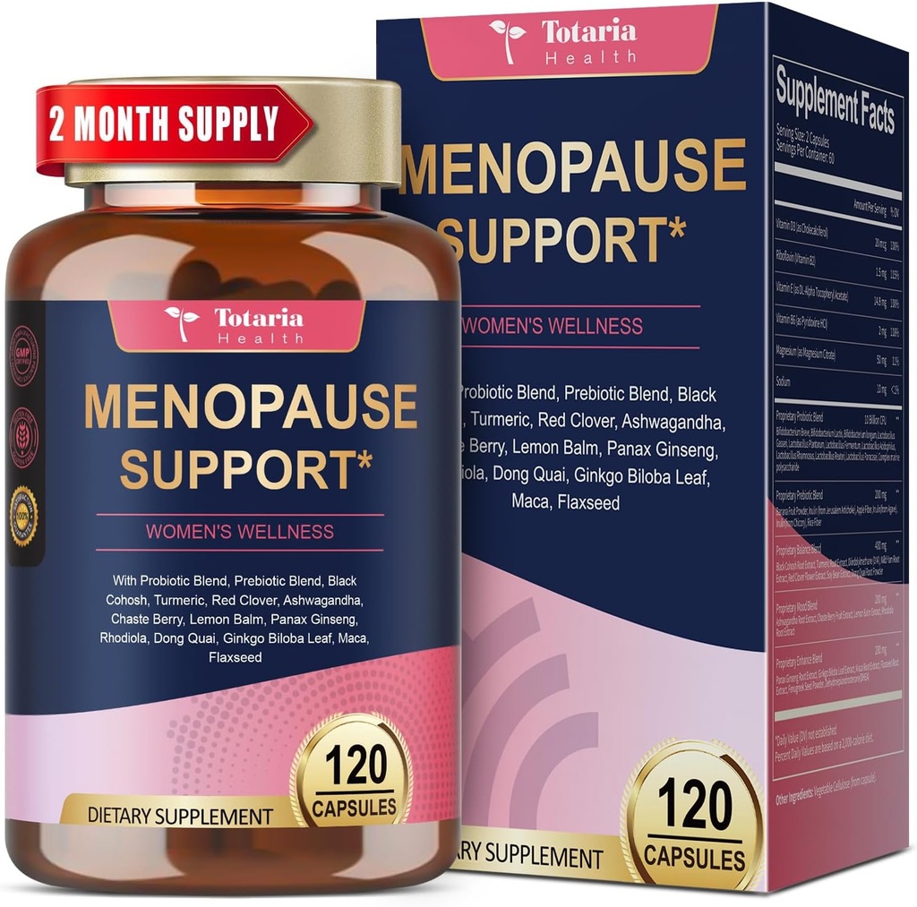 Suppléments de ménopause 40-en-1 pour les femmes, coho noir multi-avantages et complet pour les flashs chauds, les sueurs nocturnes et l'équilibre hormonal, avec probiotiques, DIM, Vitex, Dong Quai, Red Clover et plus, 120 Caps végétaliens