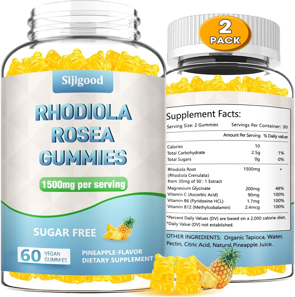 2 Pack sans sucre Rhodiola Rosea Gummies, supplément de Rhodiola Rosea Adaptogène et bloqueur de cortisol pour l'endurance améliorée, l'élévation de l'humeur et la stimulation de la motivation, non-OGM, végétalien, 120 comte