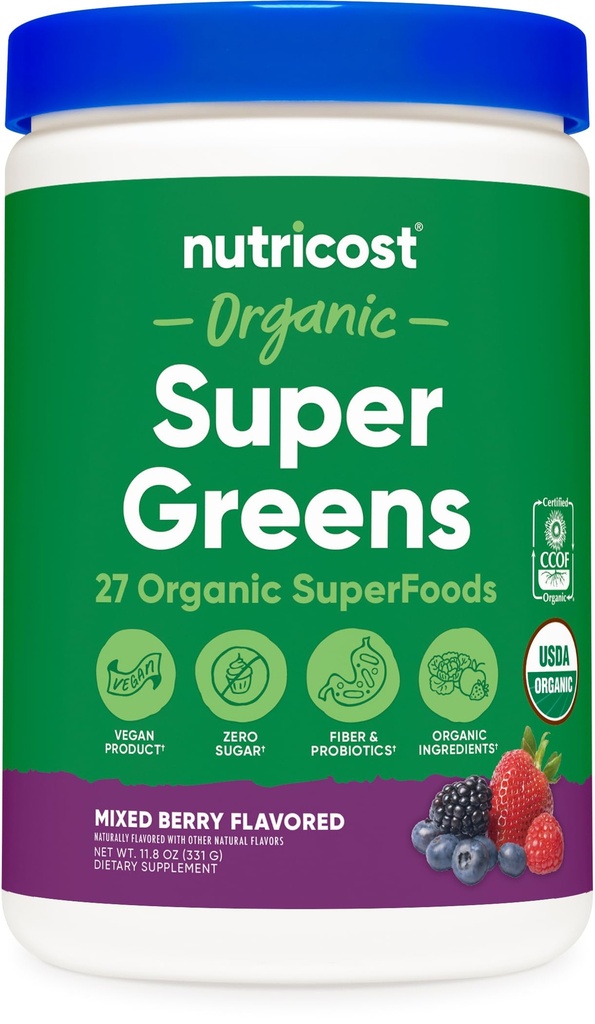 Nutricost Bio Super Greens Poudre (30 portions) Mélange d'arôme de baies - Superfood supplément boisson mélange