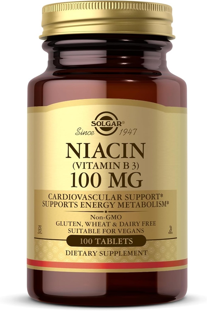 Solgar Niacin (Vitamine B3) 100 mg - 100 comprimés - soutient le métabolisme de l'énergie - non-OGM, végétalien, sans gluten, sans laiterie, casher - 100 portions