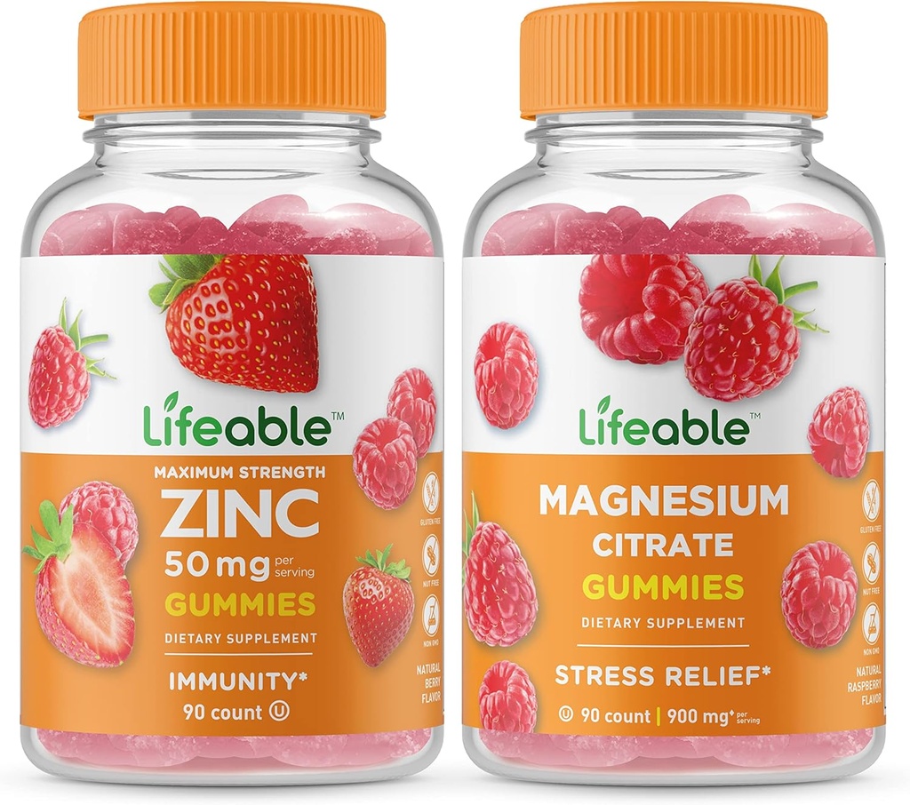 Lifeable Zinc 50mg + Magnesium, Gummies Bundle - Great Tasting, Vitamin Supplement, Gluten Free, GMO Free, Chewable Gummy