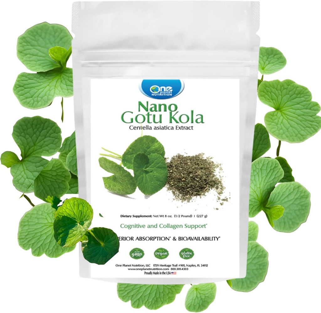 One Planet Nutrition Nano Gotu Kola Powder 8 oz (227 portions), Gotu Kola Extract, Nano pour l'absorption accrue, améliore la fonction cérébrale et la synthèse collagène, non-OGM, végétalien, sans gluten