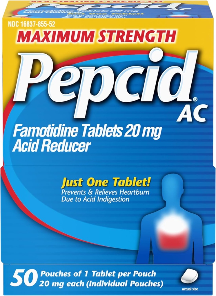 Pepcid AC Force maximale Comprimés de soulagement des brûlures d'estomac, OTC Médecine prévient et soulage les brûlures d'estomac et le reflux acide en raison de l'indigestion acide, 20mg Réducteur acide famotidine, action rapide, 1 x 50 ct