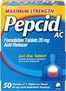 Pepcid AC Force maximale Comprimés de soulagement des brûlures d'estomac, OTC Médecine prévient et soulage les brûlures d'estomac et le reflux acide en raison de l'indigestion acide, 20mg Réducteur acide famotidine, action rapide, 1 x 50 ct