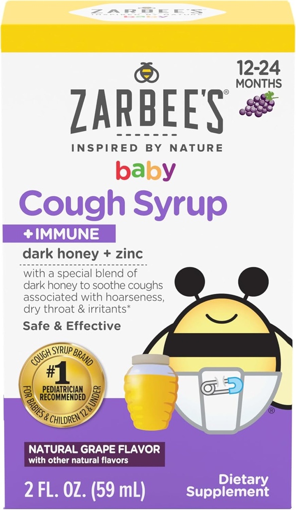 Syrup pour bébé au miel de Zarbee + Immune pour bébés de 12 à 24 mois, sirop de toux sécuritaire et efficace avec miel noir apaisant et zinc pour le soutien immunitaire*, sans drogue et sans alcool, raisin, 2 fl. Oz