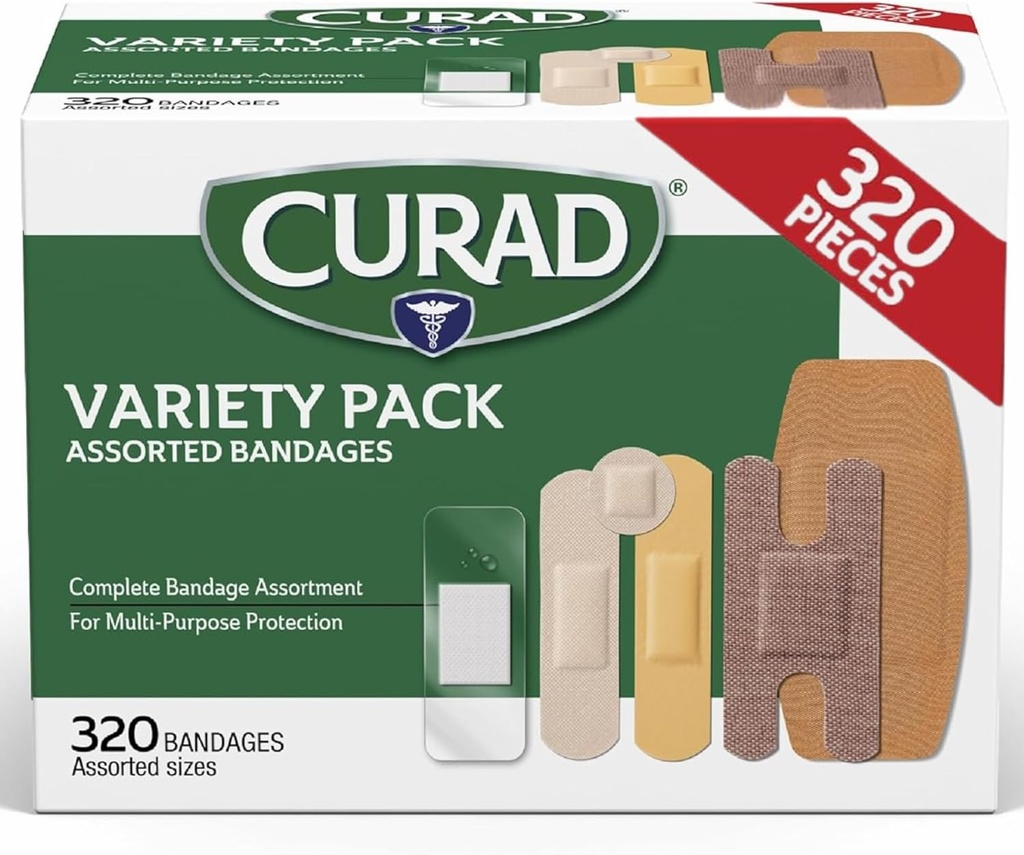 CURAD Assortiment de bandes Variety Pack en vrac 320 Comte 5 Styles incluant imperméables, cintrés, en plastique, lourds et Flex-Fabric Kit de premiers soins essentiels protège les écharpes, découpes et brûlures