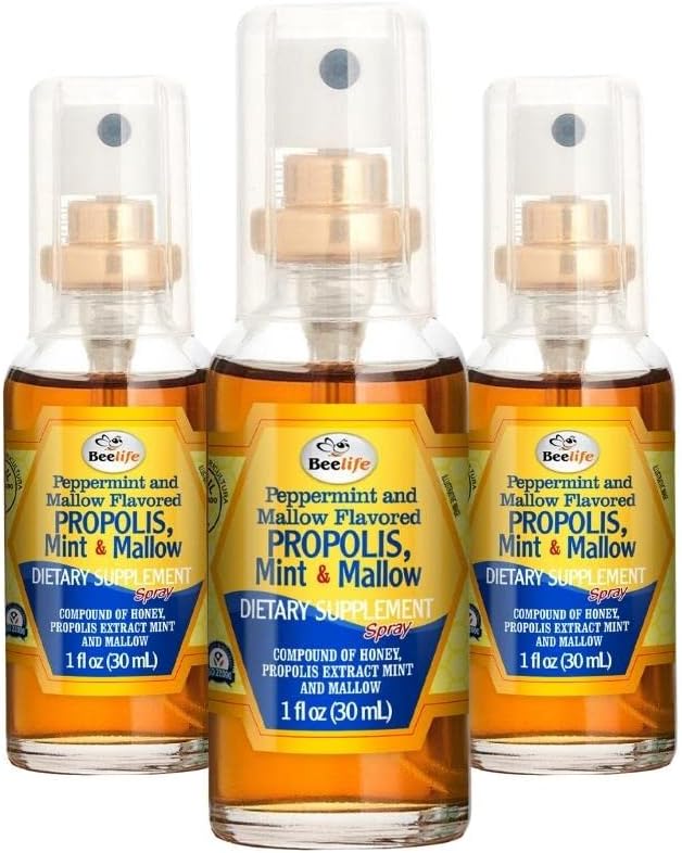 Spray pour la gorge de la propolis de l'abeille – Vaporisateur pour le miel apaisant, la menthe et la propolis de Malva - Soutien naturel immunitaire et soulagement de la gorge de l'abeille - Propolis de l'abeille – Antioxydants, flavonoïdes et Artepillin C, sans gluten - 3-Pack
