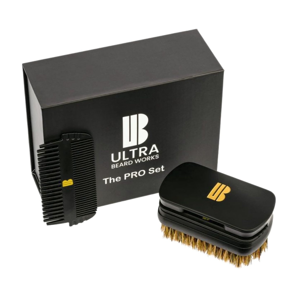 Set de brosse à barbe haut de gamme - Ensemble Pro - Brush Ultimate avec miroir compact, Brush Brillance de sanglier, deux peignes, personnalisable et polyvalent pour les hommes avec différents cheveux et des textures de barbe