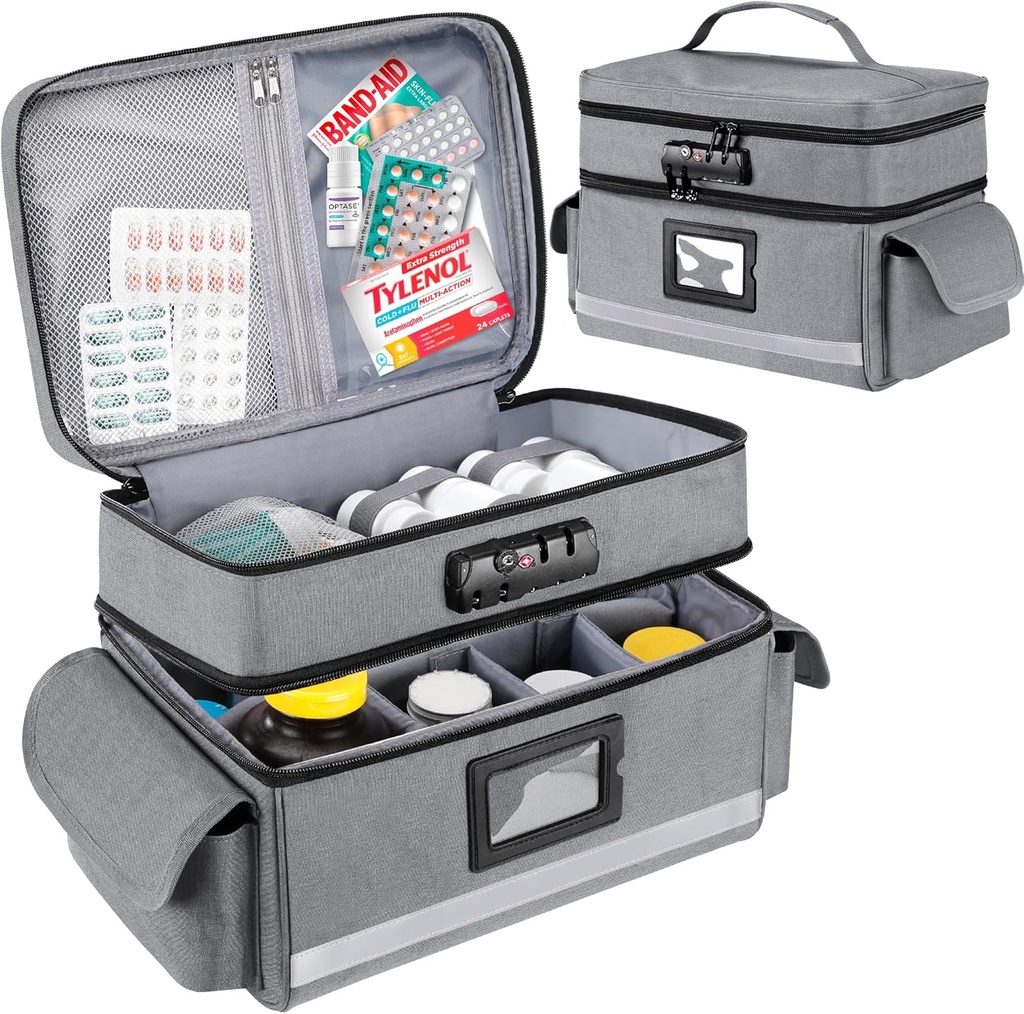 Sac de stockage en médecine Zannaki avec verrouillage combiné, double couche Organisateur de bouteille de pilule Sac vide, boîte de verrouillage de médicaments avec zippers pour ordonnance, vitamines, suppléments ou fournitures médicales, gris