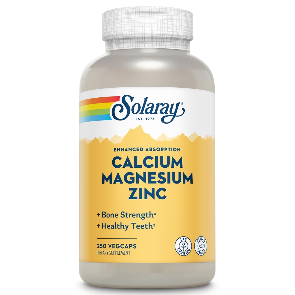 SOLARAY Supplément au zinc de magnésium de calcium - avec du calcium 1000mg, du magnésium 500mg - Santé osseuse, fonction musculaire, santé cardiaque et soutien immunitaire - Vegan, garantie de 60 jours, 62 portions, 250 VegCaps