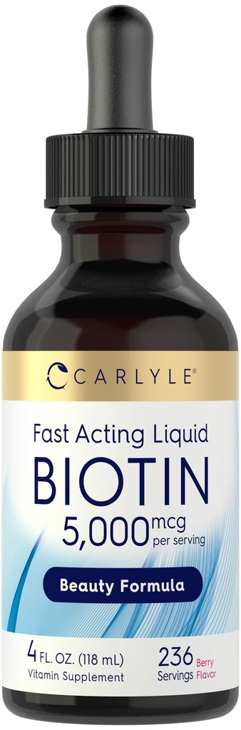 Carlyle Biotin 5000mcg gouttes liquides , 4 fl oz , pour les femmes et les hommes , Berry Flavor , Formule de beauté , Végétarien , Supplément sans OGM et sans gluten