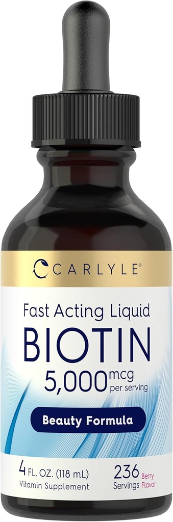 Carlyle Biotin 5000mcg gouttes liquides , 4 fl oz , pour les femmes et les hommes , Berry Flavor , Formule de beauté , Végétarien , Supplément sans OGM et sans gluten